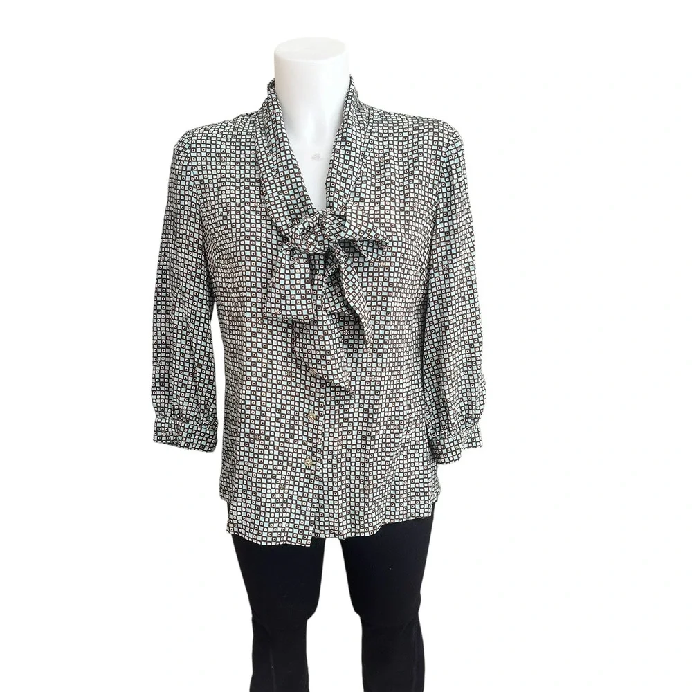Tory Burch Aqua Brown Bow Tie Front Squares & Logo Print Blouse Sz‎ 6 100% Silk